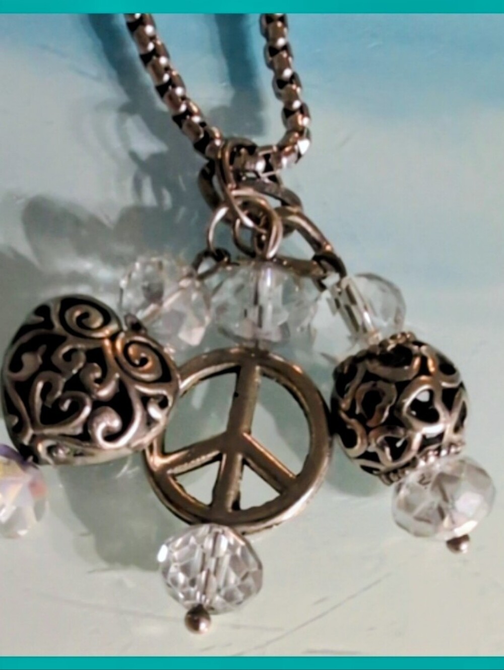 Necklace 19in Silver Chain Peace Sign Pendant Heart Clear Crystal Accents